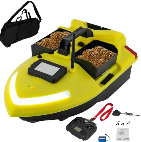 CHERIKIU Bateau à appât RC - 500 m - Avec GPS et 3 boîtes à appâts - En ABS - Télécommande - Bateau de pêche - Bateau d'alimentation - Projecteur de recherche et batterie 12 000 mAh - Jaune