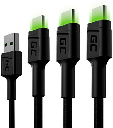Green Cell 3x set di cavi USB-A - USB-C Tipo C 2m con illuminazione a LED Cavo di ricarica nero Compatibile con Samsung Galaxy S23 S22 S21 S20 Ultra S10 S9 S8+ | Note 20 10 9 8 | Telefoni Android