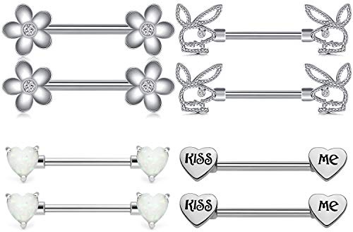 AceFun 4 Pares Anillos de Pezón Piercing 316L Acero Inoxidable de Pezón Zirconia Cúbica Corazón Conejito Joyería de Piercing de Cuerpo, 14 Gauge 16mm