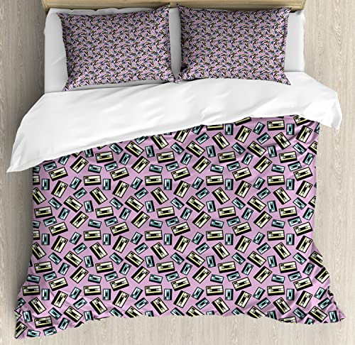 Ambesonne Retro Duvet Cover Sets, Aqua and Pale Yellow Audio Cassettes Irregular Repetition Music Themed, Bedding Set with 2 Duvet Covers & 4 Pillowcases, 2 Pack Queen Size, Lavender and Multicolor