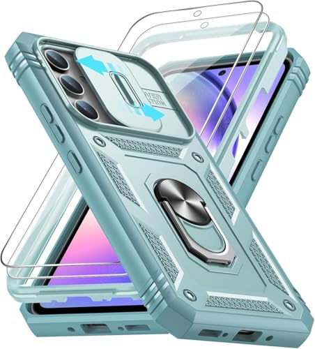 LeYi Hülle für Samsung Galaxy A54 5G Slide Kamera Klappe Handyhülle & 2 Hartglas Handyfolie, Metallständer Kamera Abdeckung Schutzhülle Robust Fallschutz Case Halterung A 54 5G Handy Hüllen Cover Grün