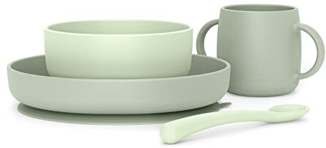 Suavinex, Vajilla para Bebé de Silicona, con Ventosa Resistente. Incluye: Bol de 350 ml + Plato de 400 ml + Taza 240 ml + Cuchara, +4 Meses. Colour Essence, Verde