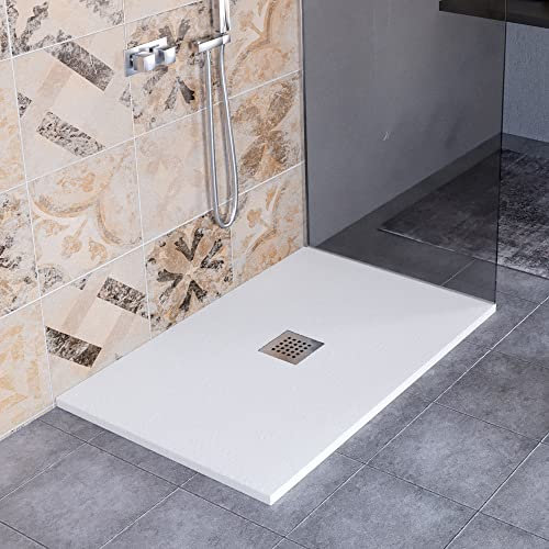 Luminosa ArredoBagno Plato de ducha resina 70 x 100 cm – Modelo Florence – Efecto piedra antideslizante con helcoat Made in Italy – Tapa incluida – Color blanco