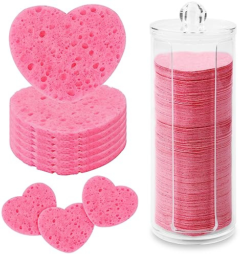 120 Stück Gesichtsschwämme, Komprimierte Gesichtsschwämme Herzform Gesichtsschwämme mit Behälter Einweg Schwammpads für Gesichtsreinigung Make up Entfernung Peeling (Rosa)