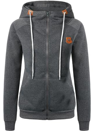 QUNERY Felpa Donna con Cappuccio Pullover/Zip Hoodie Donna Maniche Lunghe Felpa Donna Allentato Invernale Tuta B-Grigio Scuro M