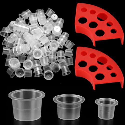 300 Pièces Tattoo Encre Cup pour Tatouage avec 2 Supports de Gobelets, 100 Petites, 100 Moyennes, 100 Grandes Capsules d'Encre pour Tatouage,Tattoo Ink Encre Cup, Accessoires de Tatouage