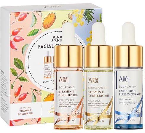 ANAiRUi Gesichtspflege Set 3x20 ml, Squalane Gesichtsöl - Vitamin E Hagebuttenöl + Vitamin C Kurkuma Öl + Bakuchiol Oil für Gesicht, Geschenke für Frauen