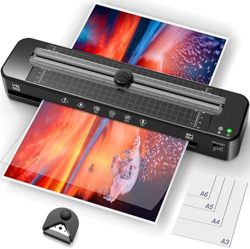 Laminiergerät A3, Heiß- und Kalt laminiergerät mit Schneidevorrichtung, 5 in 1 Laminiergerät mit 50 Blatt Laminierfolien A3/A4/A5/A6, Eckenabrunder, A3 Laminiergerät für Haushalte, Schulen und Büros.