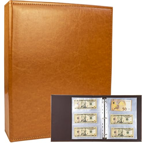 A4 3-Ring Währungsalbum Premium PU Leder – Geldsammelbuch für Euro, Fremdwährungen & Tickets mit 180 Taschen (inkl. 30 Nachfüllseiten) – Organisiertes Sammeln von Banknoten & Gutscheinen