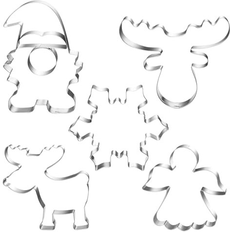 Augesak Weihnachten 5 Stück Plätzchen Ausstecher Set: Elchkopf, Wichtel, Engel, Schneeflocke - Edelstahl Keksausstecher für Backen, Fondant, Torten