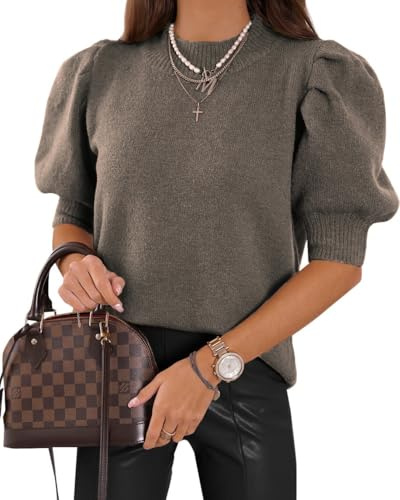 UNCLECAT Women's Puff Short Sleeve Sweaters Trendy Fall Tops Casual Pullover, Coffee, M