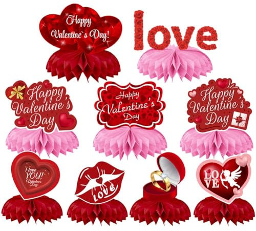 Diheohg 9-Teiliges Valentinstag-Partydekorationsset, Valentinstag-Wabenaufsätze, Valentinstag-Tischaufsätze, Feiertagszubehör (Rot)