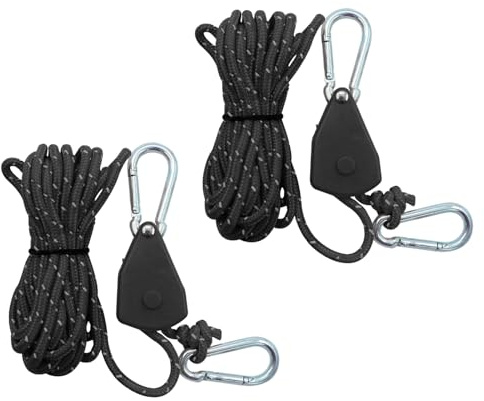 2Pcs Reflective Tent Guy Ropes,4m Tent Camping Cord with Pulley,4mm Cord Ratchet Rope Adjustable Heavy Duty Rope Hanger for Plant Grow Room Awning Outdoor Camping Gazebo Hiking Picnics (Black, 4)