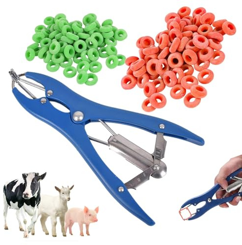 Alicates de castración, cortador de cola, cinta de castración, 1 alicate para castración de animales con y 100 anillos de goma, pinzas de castración, pinzas de castración, pinzas para aparatos