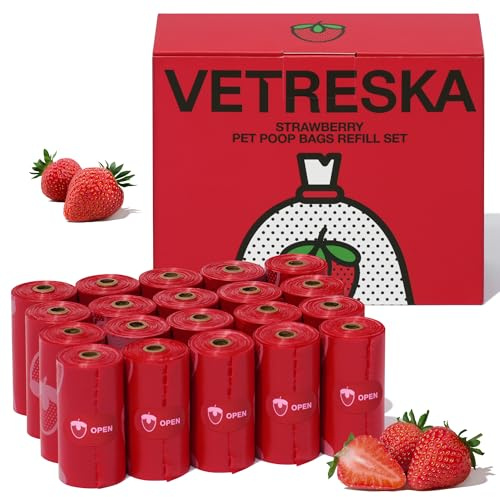 VETRESKA Sacs pour excréments de chien parfumés à la fraise, étanches, extra épais et grands sacs pour déchets d'animaux domestiques pour promenades de chiens et litière pour chats, 300 sacs
