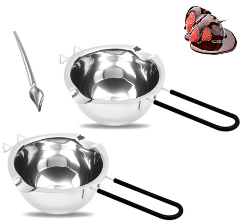 Lvjkes Bagnomaria in Acciaio Inox, 2 Pezzi 400ml Pentolino bagnomaria, 1 Pezzi Cucchiaio in Acciaio Inox, Manico in Silicone, per Cioccolato, Zucchero, Burro, Formaggio, Caramello, Acciaio Inox 304