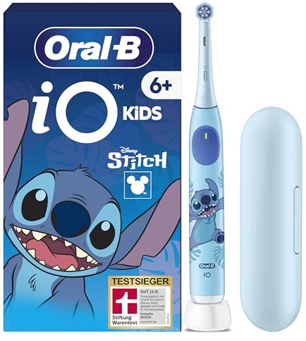 Oral-B iO Kids 6+ Disney Stitch - Cepillo de dientes eléctrico para niños a partir de 6 años, incluye 1 cepillo, estuche de viaje, temporizador de música y 3 modos de cepillado para el cuidado dental