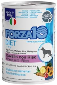 Forza 10 Diet Umido Cane gusto CAVALLO con RISO, alimento completo monoproteico per cani adulti di tutte le taglie e razze | 6 scatolette da 400 grammi l'una.