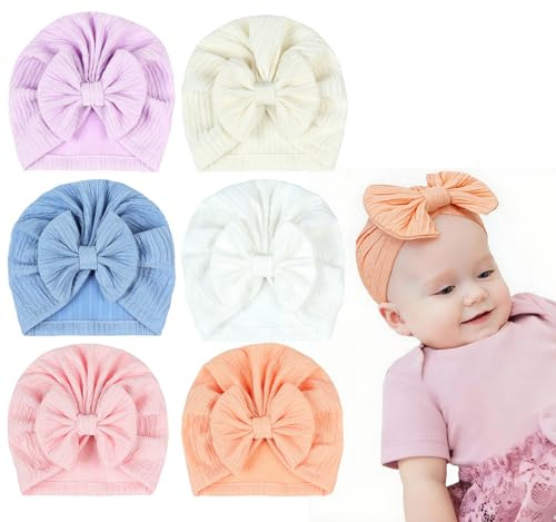 DOINEUFL Baby Hats Newborn, Baby Born Accessories, 6 Pieces Stretchy Newborn Girl Turban Hat with Bow, Cute Unisex Baby Bonnet, Soft Baby Cap for Girls Newborns Infants Toddlers (0-3 Months) White