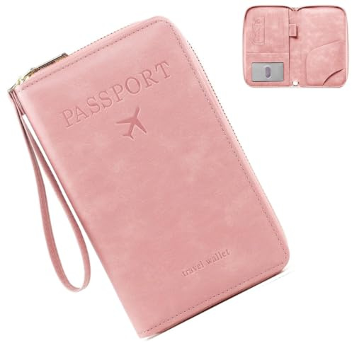 DIFLAX Funda para Pasaporte con Cordón Cartera de Viaje con Bloqueo y Cremallera Porta Pasaporte RFID Portadocumentos de Viaje para Hombre y Mujer para Tarjetas de Crédito Tarjetero (Rosa)