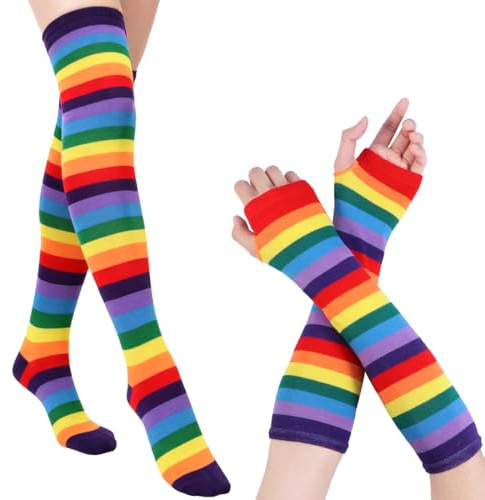 VerLuky Färgglada randiga overknees strumpor, regnbågshandskar, dam overknees strumpor och fingerlösa handskar, färgglad kostym för karneval cosplay, Färgstark 1, 35-42