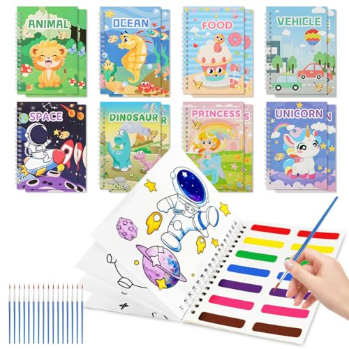 AOOTE Malbuch mit Wasserfarben,16 Aquarell Ausmalbuch für Kinder Mit 16 Aquarellpinsel, Malblock Kinders Wasserfarben für Classroom Prizes,Jungen und Mädchen gastgeschenke