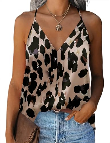 Zeagoo Camiseta Tirantes Mujer Satén Camisole Top Verano Cuello en V Tank Tops Elegante Camisa Sin Mangas para Mujer | Correa de espagueti ajustable, elegante camisola, camiseta de tirantes de verano, camiseta básica de tirantes
