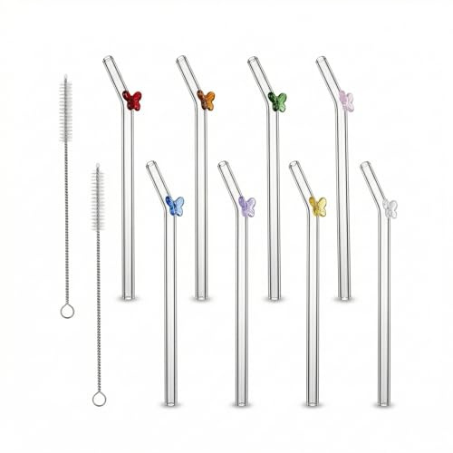 8 Piezas Pajitas Reutilizables De Cristal Y 2 Cepillos De Limpieza, 20cm Pajitas De Cristal, Adecuado Para Batidos, CóCteles Y Licuados (Patrón De Lazo)