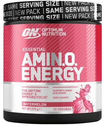 Optimum Nutrition Amino Energy Pre Workout Powder, Energy Drink with Amino Acids, BCAA, L-Glutamine and L-Leucine, Food Supplement with Vitamin C and Caffeine, Watermelon Flavour, 30 Servings, 270 g
