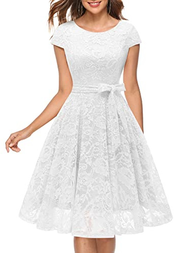 MUADRESS Women Cap-Sleeve Lace Floral Elegant Cocktail Dress Crew Neck Knee Length Bridesmaid Prom Dresses for Party White M
