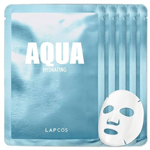 LAPCOS Aqua Sheet Mask, Moisturizing Daily Face Mask with Sea Water and Plankton Extract to Nourish Skin, Korean Beauty, 5 Pack