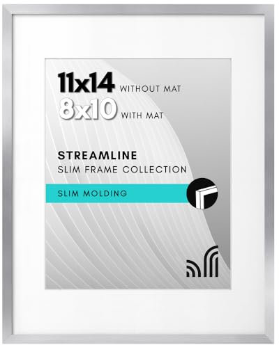 Americanflat Cornice 11x14 argento. 8x10 con passepartout o 11x14 senza. Bordo sottile, vetro infrangibile. Espositore verticale/orizzontale.