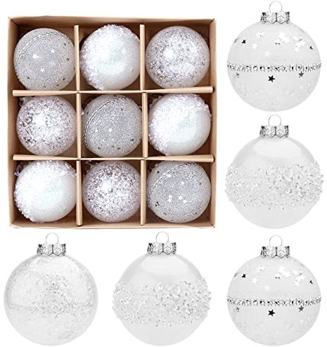 Christbaumkugeln Set 9er Weihnachtskugeln Weihnachtsdeko Set Weihnachtsbaumschmuck Christbaumkugeln Plastik Bruchsicher Aus Kunststoff + Baumspitze (Weiß)