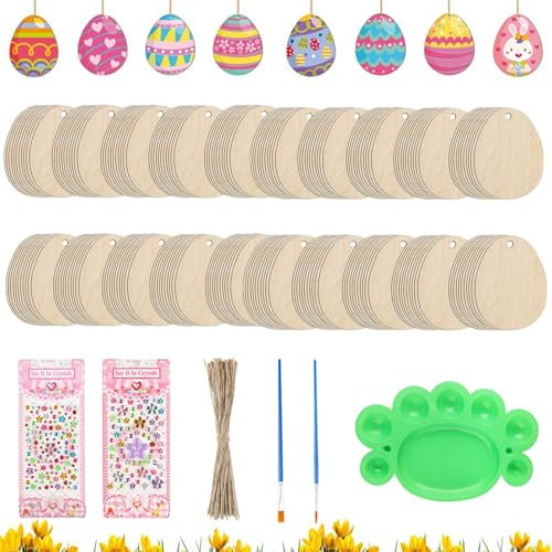 Surflyee 50 Holz Ostereier zum Bemalen, Ostereier Bemalen, Oster Bastelset mit 50 Dekorative Lanyard, 2 Diamant Aufkleber, 1 Malerei Tablett und 2 Pinsel