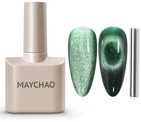 MAYCHAO 15ML Cat Eye Gel Nail Polish 1Pc Green Magnetic Nail Polish with Magnet Soak off Holographic Cat Eye Gel Polish for Nail Art Manicure Salon DIY at Home