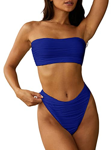 ZAFUL Women Strapless Textured Bandeau Bikini 2 Piece Swimwear Cheeky Solid Lace up Bathing Suits(1-Royal Blue,S)