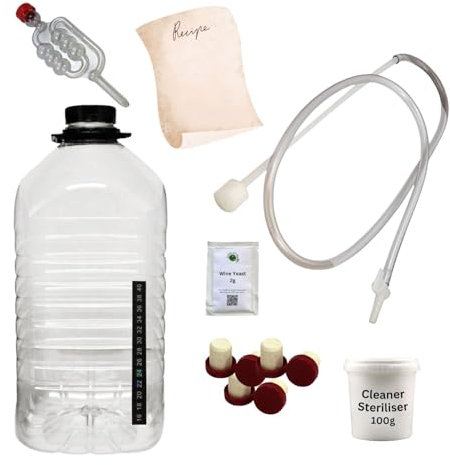 Almost Off Grid W5DJ1 Wine Starter Kit with Demijohn & Strawberry Wine Recipe, Equipment Bundle Ideal for Complete Beginners, Including Syphon, Yeast and Thermometer