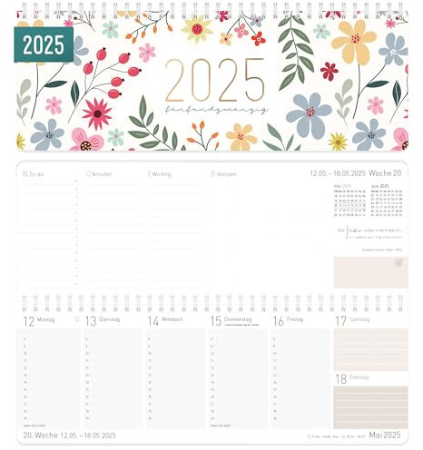 Häfft® Wochen-Tischkalender 2025 quer Wild Flower 1 Woche 2 Seiten, Schreibtisch-Kalender mit Sprüchen, Wochenkalender 29,7 x 11,6 cm - nachhaltig & klimafreundlich