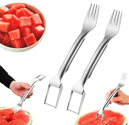 LURNODY 2 stycken vattenmelon fruktskärare, 2-i-1 fruktskivor i rostfritt stål, lämplig för hemmakök, camping eller festprylar (silver)