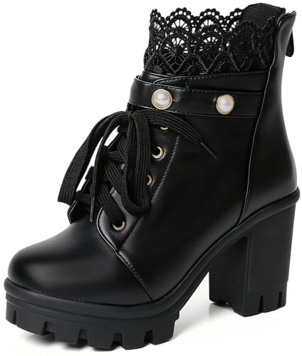 FOREADA Botas de plataforma góticas para mujer, botas de combate góticas negras con tacón grueso, botines de encaje victoriano con cuentas, zapatos góticos punk, zapatos de vestir Lolita con