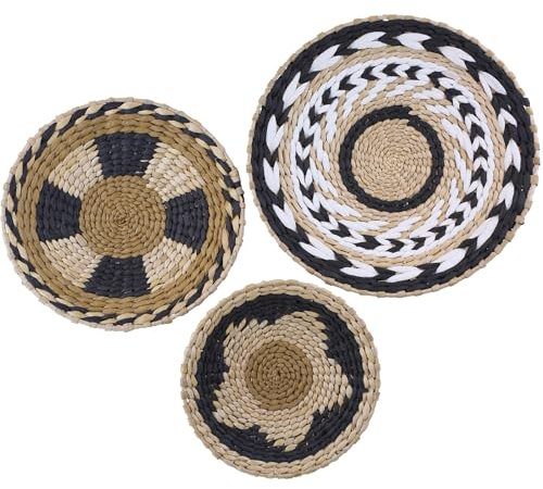 Cesto decorativo bohémien appeso a parete, cesto da parete in paglia fatto a mano, set di decorazioni per la casa da appendere a parete rotondo, vassoio per la decorazione della parete di sfondo (P)