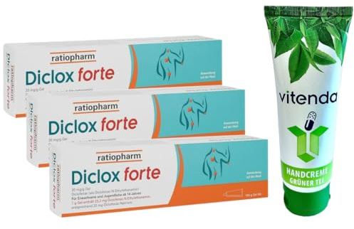 Diclox forte ratiopharm Schmerzgel 3x150g inclusive einer Handcreme von vitenda - Das stärkere Gel bei Gelenk- und Rückenschmerzen