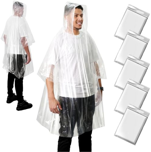 ANYOO Poncho Impermeabile Usa e Getta per Adulti, 3/5/10 Pezzi Mantella Antipioggia Donne e Uomini Emergenza con Cappuccio per Campeggio, Festival, Trekking, Concerti, Trasparente, Taglia unica