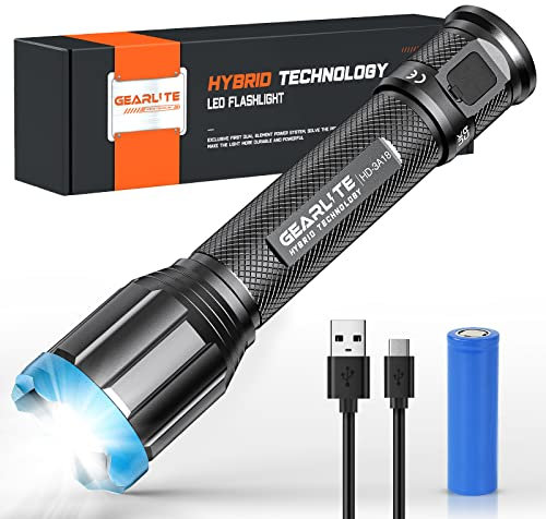 GEARLITE Hybride Taschenlampe LED Aufladbar, Lange Arbeitszeit Taschenlampe LED 10000 Lumen mit Aufladbarer Batterie, IP65 Wasserdichte Handlampe Zoombar mit 4 Modi für Notfall