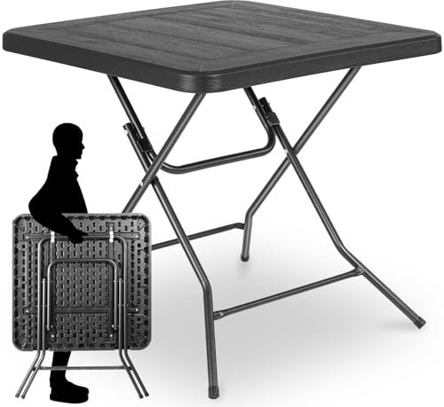 Clevich Gartentisch Holz-Optik, quadratisch, Gartentisch klappbar, HBT: 74x80x80cm, Balkontisch mit Stahlrahmen Beine & Robustem Kunststoff, Hochstabiler Campingtisch, für Balkon, Garten & Terrasse