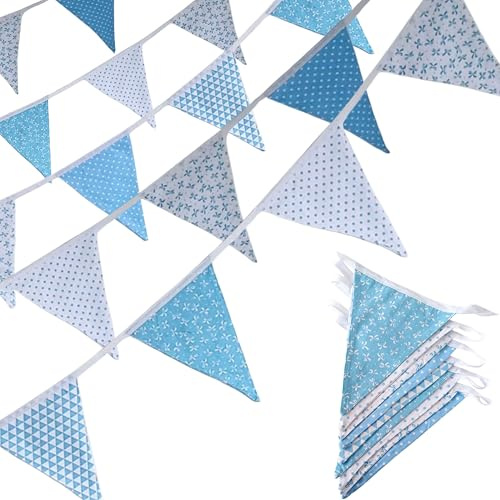 Quirki Fabric Bunting Blue Banner Garland 40ft Cotton Reusable Triangle Flags for Indoor Outdoor Nursery Bedroom Birthday Baby Shower Wedding Party Decoration