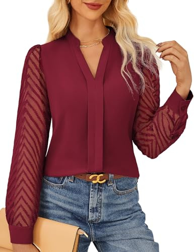 GRACE KARIN Red Blouses for Women Semi-Sheer Lace Long Sleeve Tops Business Office Work Shirts Dark Red S