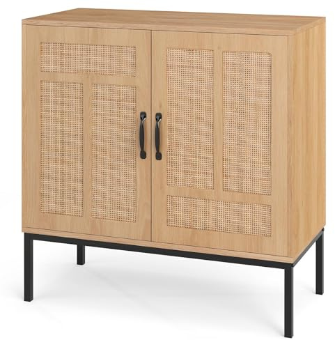 TANGZON Rattan Storage Cabinet, 2-Door Wooden Buffet Sideboard with Adjustable Shelf & Metal Legs, Freestanding Cupboard for Kitchen Dining Living Room, Natural
