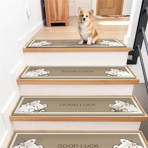 Surwin 5 Piezas Alfombrillas de Escalera Antideslizantes para Escalones de Madera, Estilo Gato Alfombras con Respaldo de Goma Antideslizantes Interiores (Camello,26x100cm)