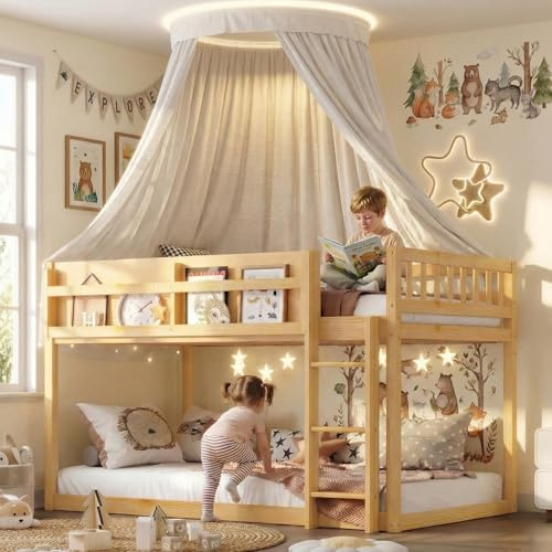 MoproBeti Low Bunk Bed Twin Over Twin, Wood Toddler Bunk Beds with Bookshelf & Ladder, Kids Floor BunkBed with Full Guardrails for Juniors, Boys, Girls Bedrooms or Small Spaces,Natural